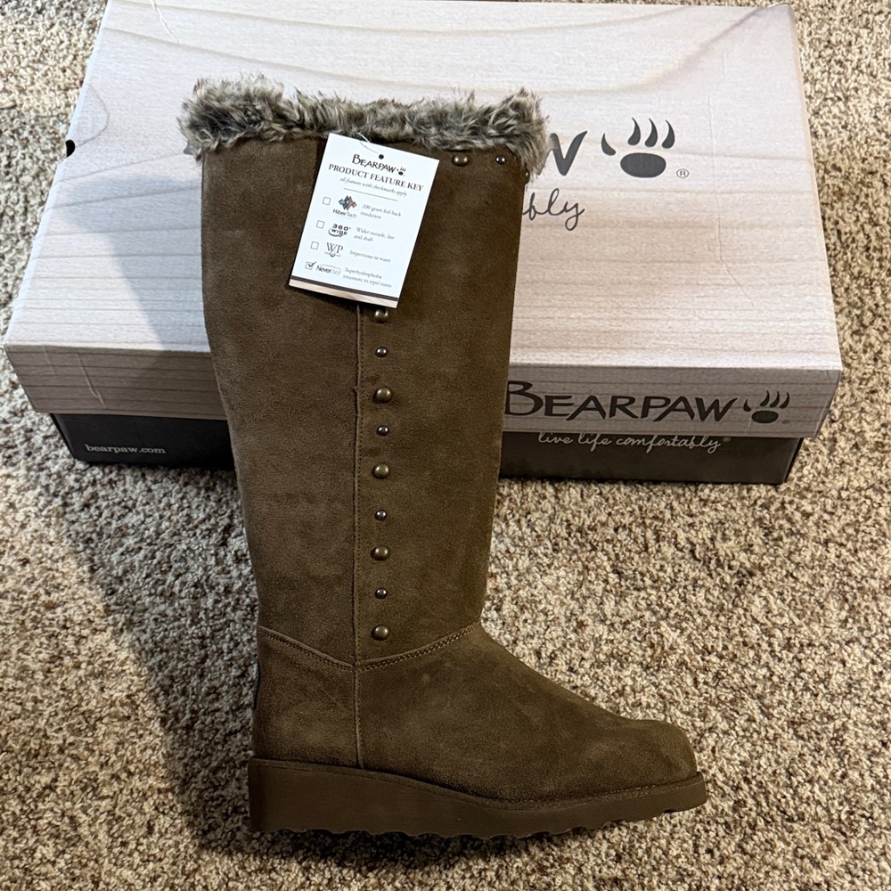BearPaw Women's Over-The-Knee FauxSuede Boots with Faux-Fur Cuff - Brown Size 7.